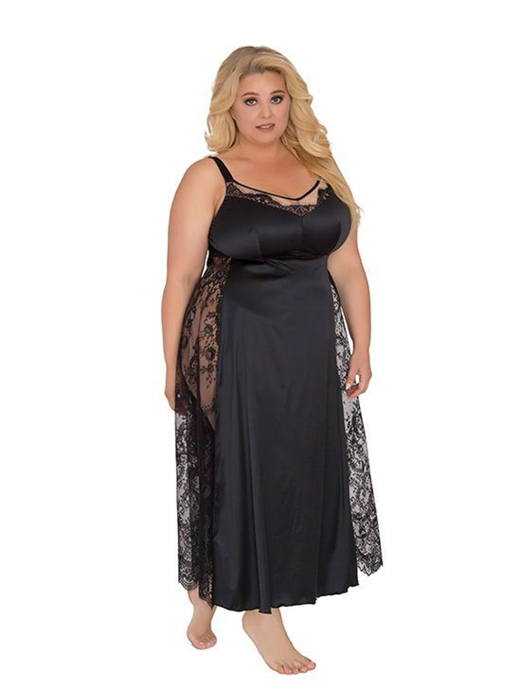Длинная сорочка plus size с кружевными вставками (Размер: 5X) (Цвет: молочный)