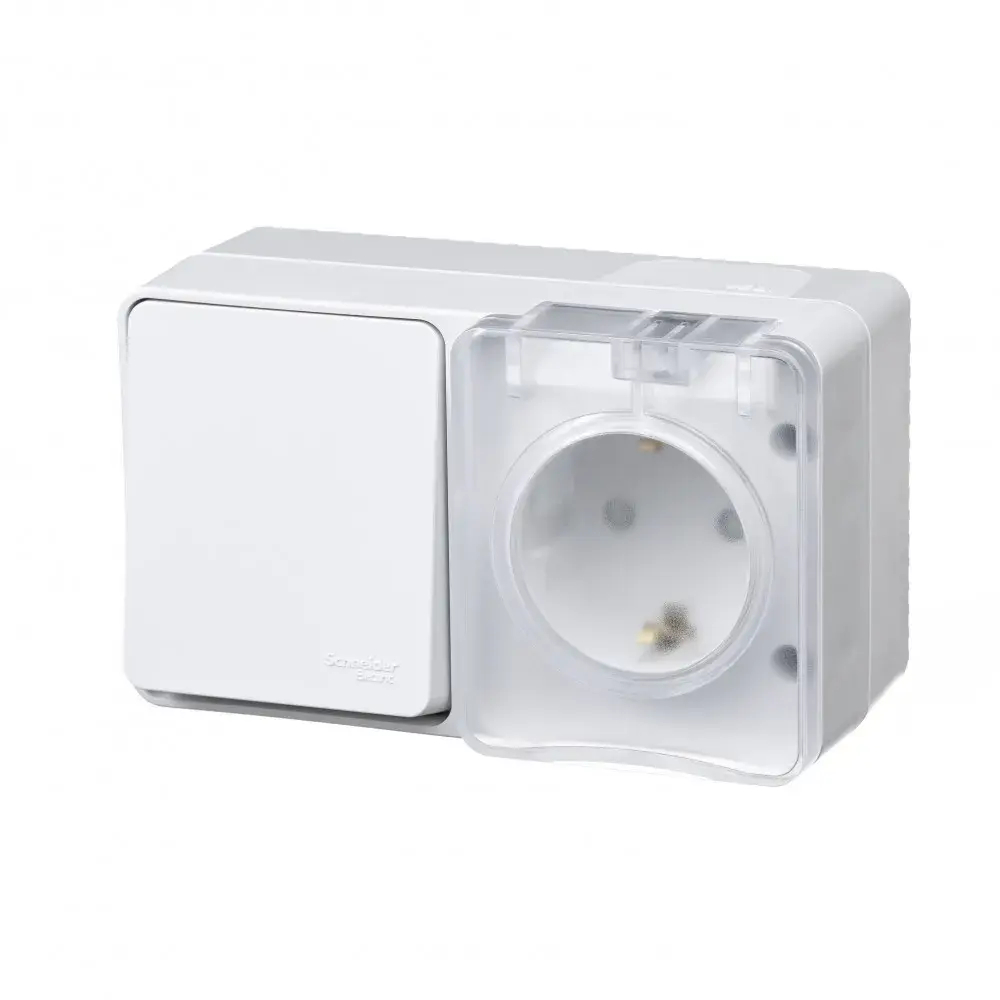 ATLASDESIGN PROFI IP54 О/У БЛОК: РОЗЕТКА с заземл. со шт., 16А, ВЫКЛЮЧАТЕЛЬ 1-клав., 10АХ, БЕЛЫЙ