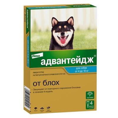 Капли на холку от блох для собак от 4-10 кг Адвантейдж ( Elanco ), 4 пипетки Имидаклоприд