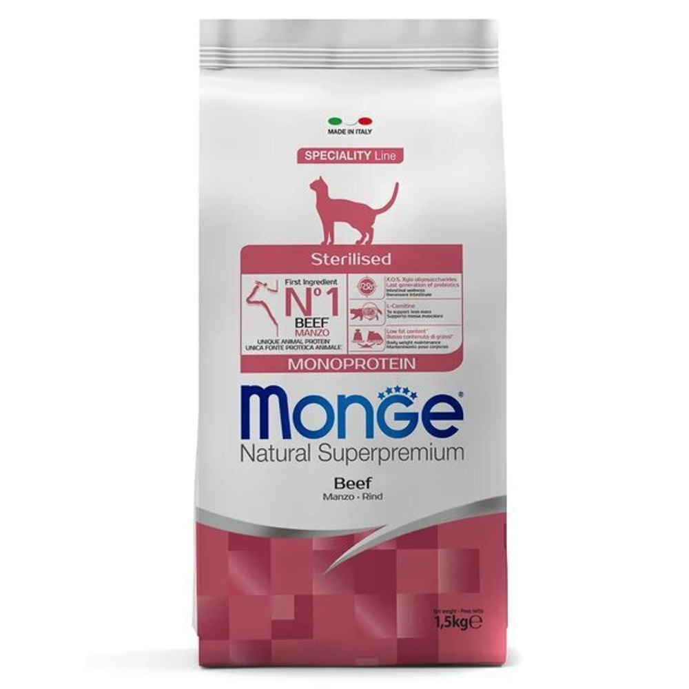 MONGE STERILIZED BEEF Сухой монопротеиновый корм для стерилизованных кошек с говядиной, 1,5 кг.