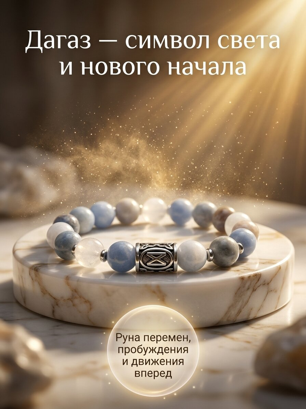 Браслет женский из натуральных камней кварц с руной Дагаз