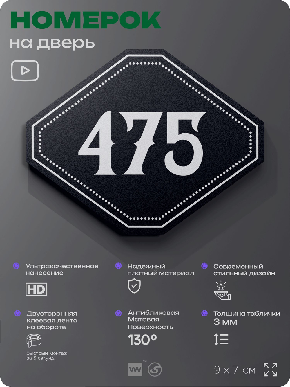 Номерок на дверь квартиры 475, для кабинета, офиса, шильдик 9 х 7 см, черный, Айдентика Технолоджи