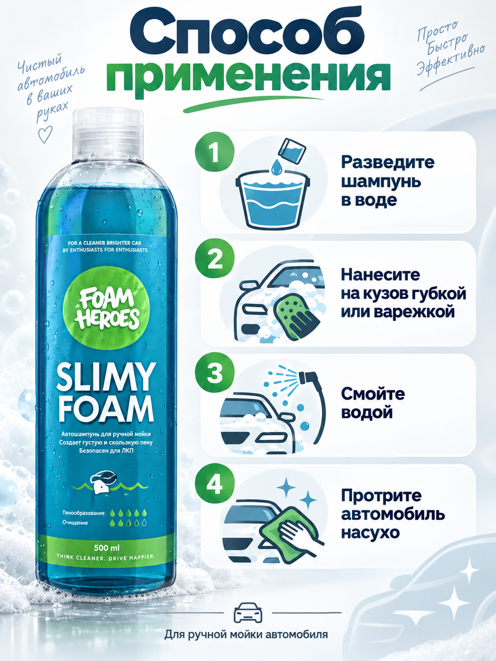 Foam Heroes Slimy Foam шампунь для ручной мойки автомобиля, 500мл.