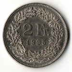 2 франка 1995 год. Швейцария. Медно-никель