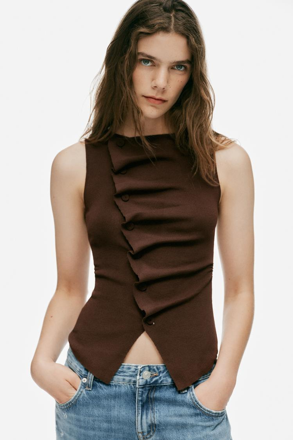 ZARA ТРИКОТАЖНЫЙ ТОП СО СБОРКАМИ, КОРИЧНЕВЫЙ