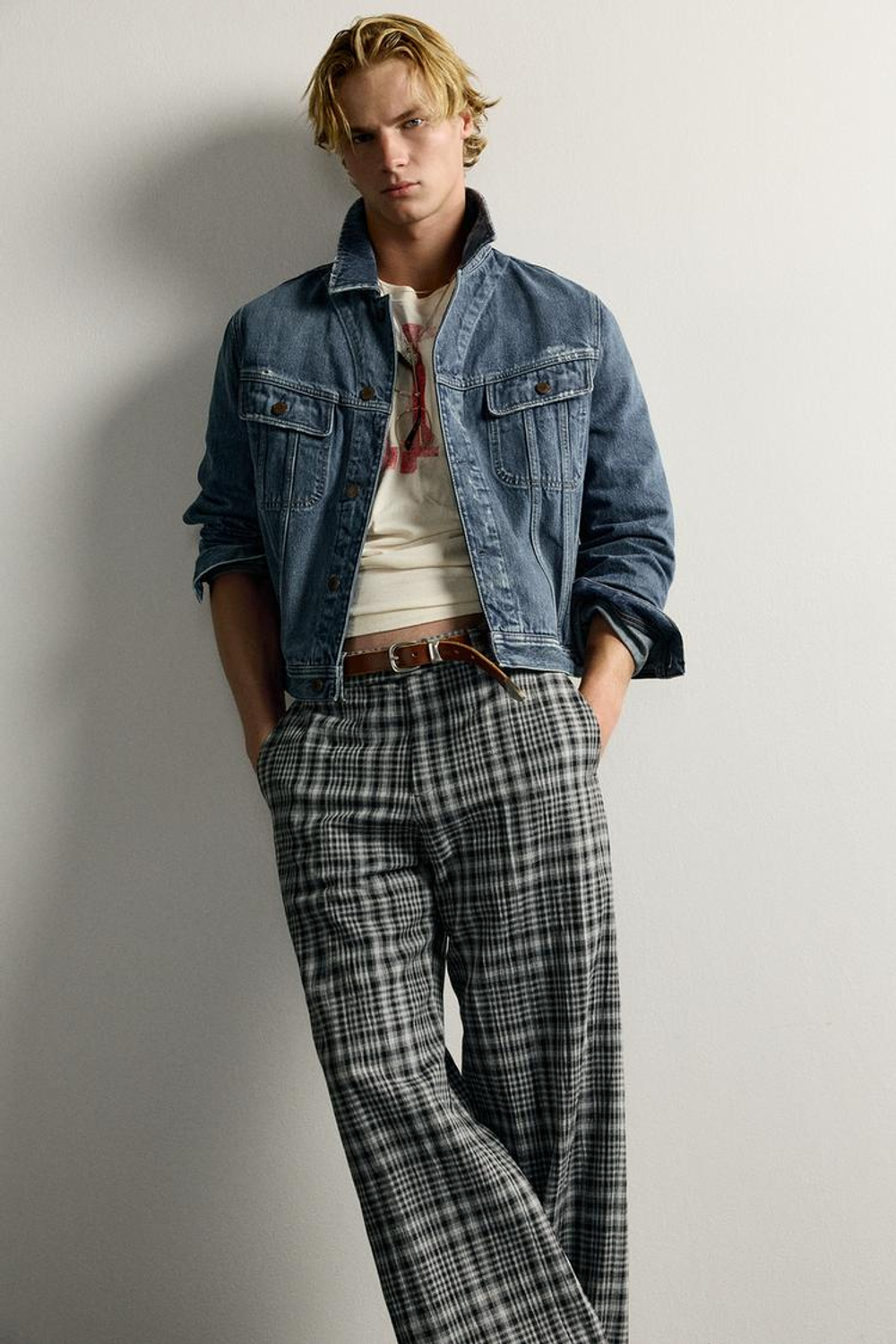 ZARA БРЮКИ FLARE FIT В КЛЕТКУ, СЕРЫЙ