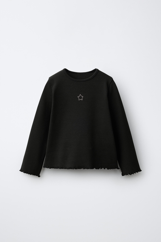 ZARA ЛОНГСЛИВ В РУБЧИК С ВЫШИВКОЙ, ЧЕРНЫЙ