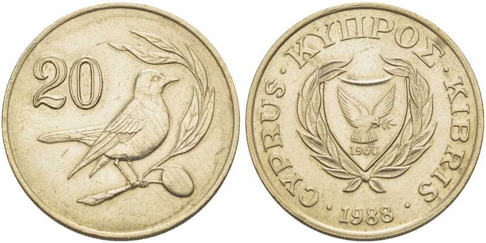 Кипр 20 центов, 1988 Каменка-плешанка XF