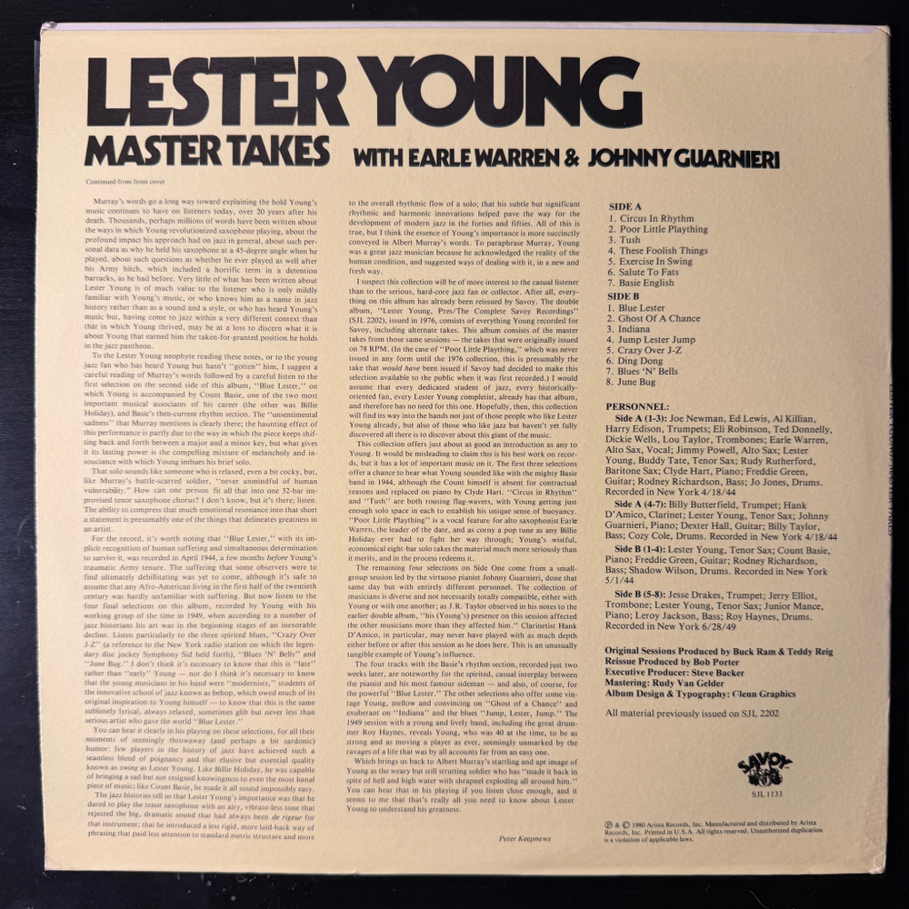 Lester Young ‎– Master Takes With Earle Warren & Johnny Guarnieri (США 1980г.)