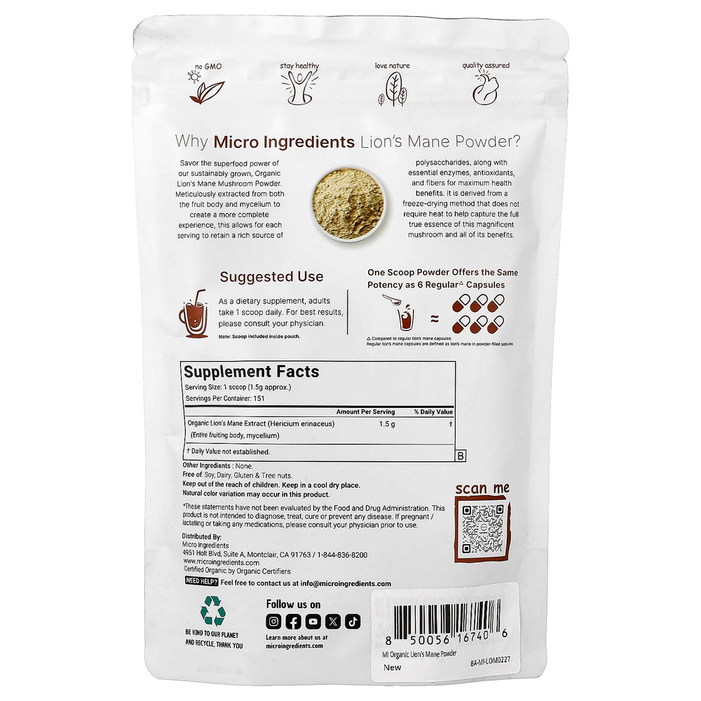 Micro Ingredients, порошок из органического ежовика гребенчатого, 227 г (8 унций)