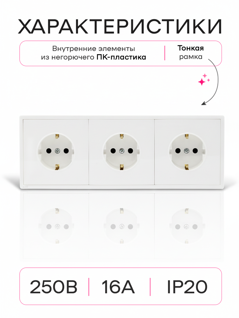 Розетка внутренняя тройная с заземлением белая