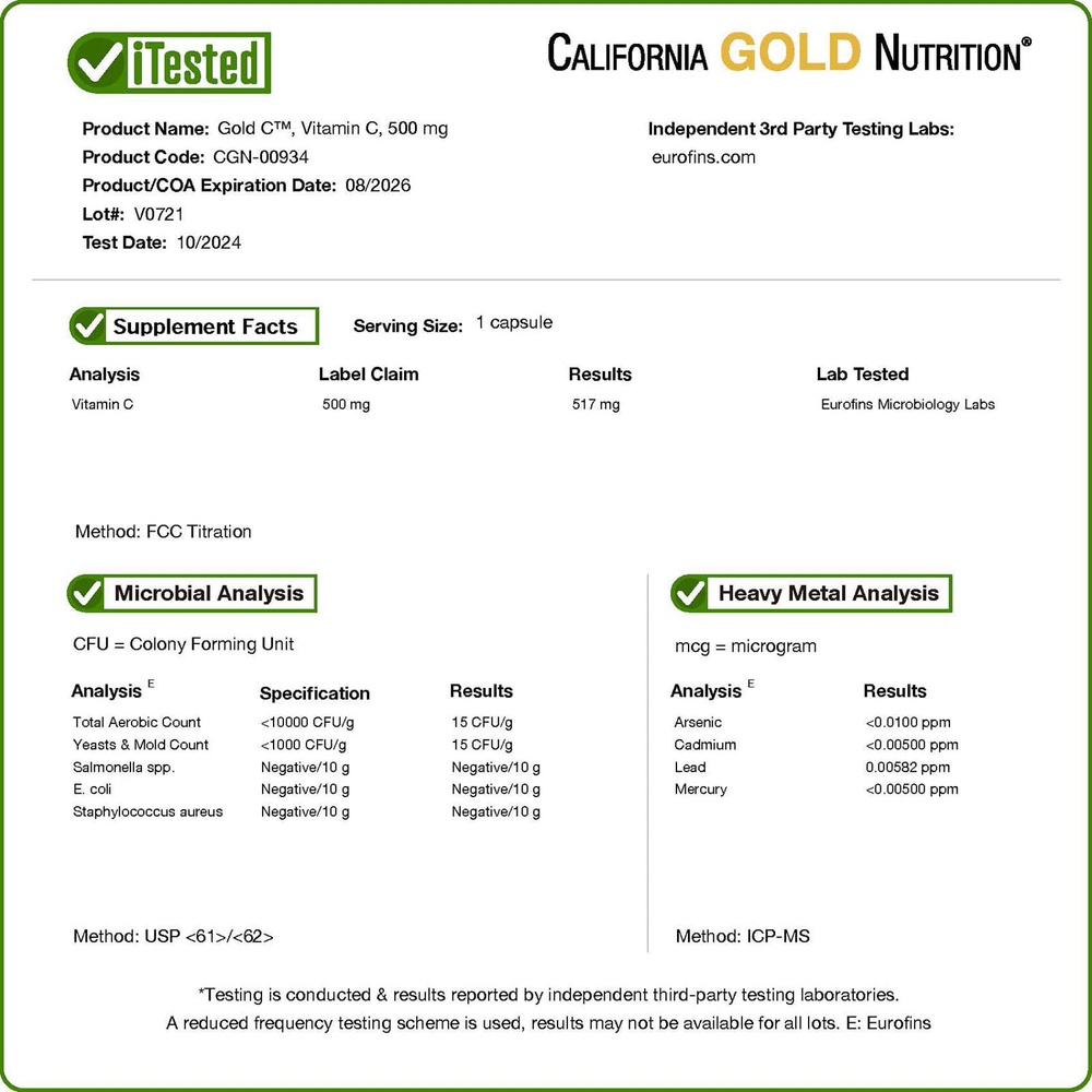 California Gold Nutrition, Gold C®, витамин C класса USP, 500 мг, 240 вегетарианских капсул