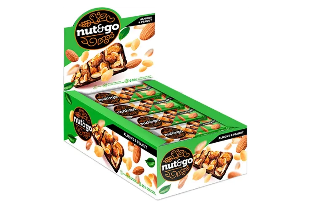 Батончики с миндалем и арахисом, более 50% орехов Nut&Go, 18 шт по 36 г
