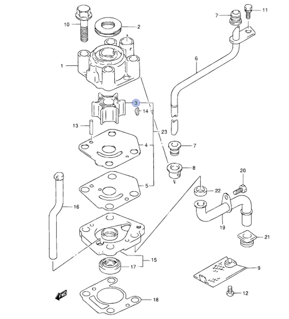 Крыльчатка помпы охлаждения для подвесных лодочных моторов Suzuki DF 9.9,15,20