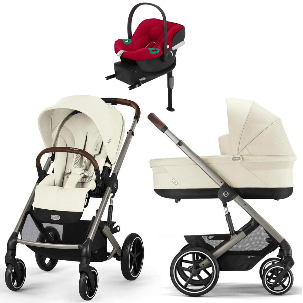 Коляска Cybex Balios S Lux TPE complete Aton B2 Dynamic Red Base One 4 в 1 Seashell Beige с дождевиками