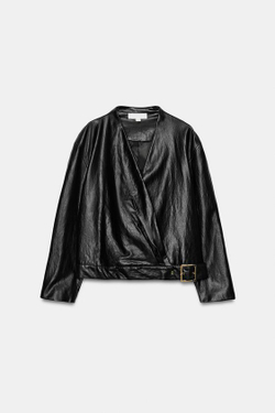 ZARA ЖАКЕТ НА ЗАПАХ С ЭФФЕКТОМ КОЖИ, ЧЕРНЫЙ
