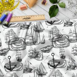 Ткань дюспо чёрные эскизы кораблей на белом фоне
