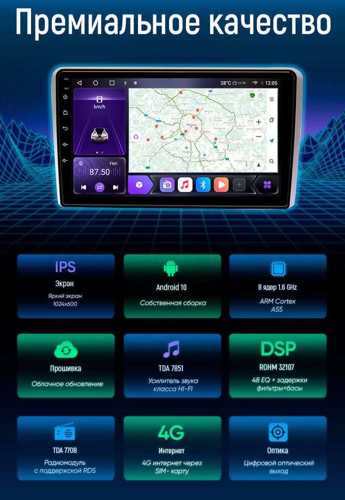 Магнитола без рамки (экран 10") - Kuberg OL IPS, Android 10, 4G SIM-слот