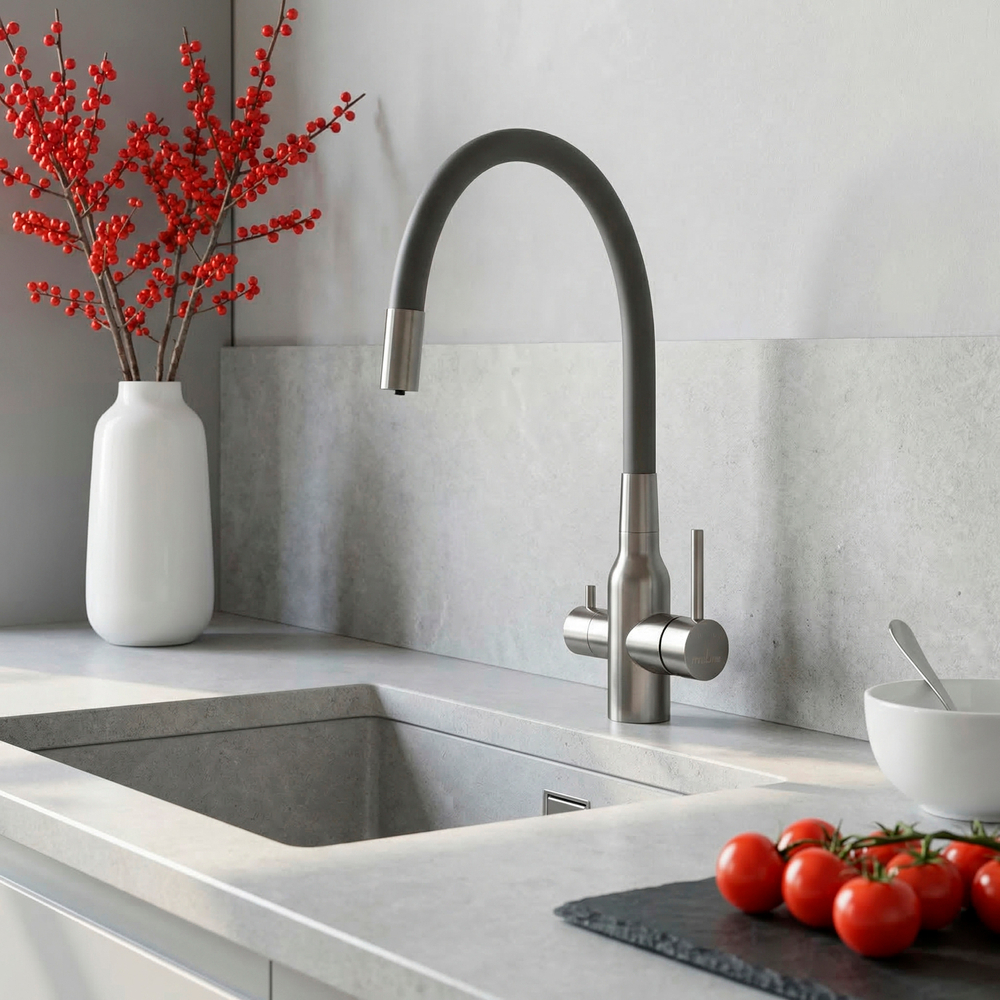 Смеситель для кухни 35k MIXLINE МЛНС-0403 (MLSS-0403) серый гиб.излив,подкл.к фильтру, п/гайку САТИН