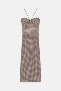 ZARA ПЛАТЬЕ МИДИ В КЛЕТКУ ВИШИ, КОРИЧНЕВЫЙ/ЭКРЮ
