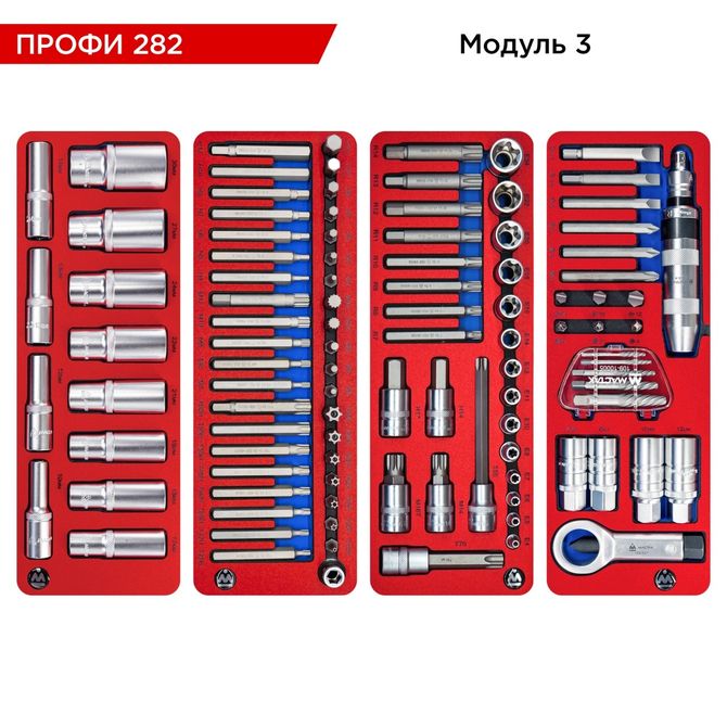 МАСТАК (52-06282B) Набор инструментов 282 предмета, "ПРОФИ 282", в синей тележке