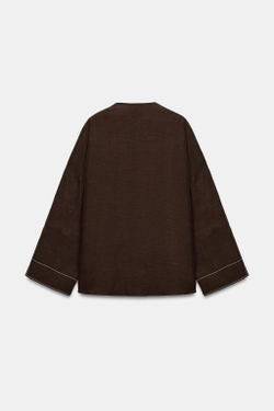 ZARA РУБАШКА ИЗ ЛЬНА С КОНТРАСТНОЙ ОТСТРОЧКОЙ, КОРИЧНЕВЫЙ