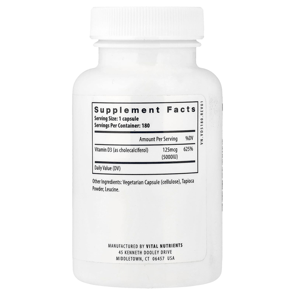 Vital Nutrients, Витамин D3, 5000 МЕ, 180 вегетарианских капсул