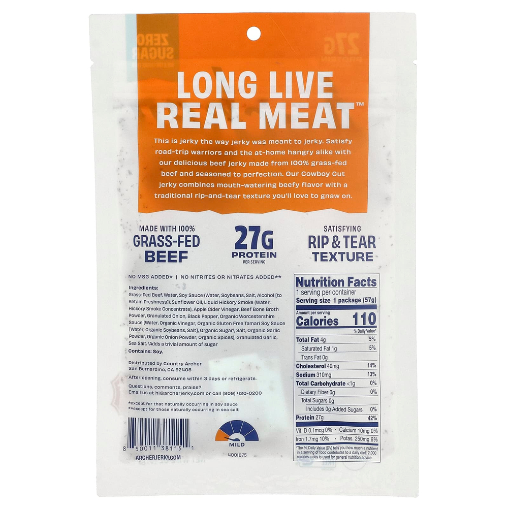 Country Archer Jerky, Cowboy Cut, вяленая говядина травяного откорма, Old Fashioned, 57 г (2 унции)