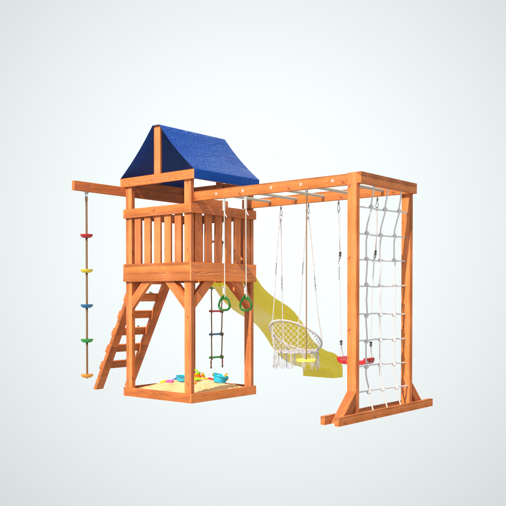 Детская площадка Fun Land с модулем сетка-рукоход, подвесным креслом и качелями