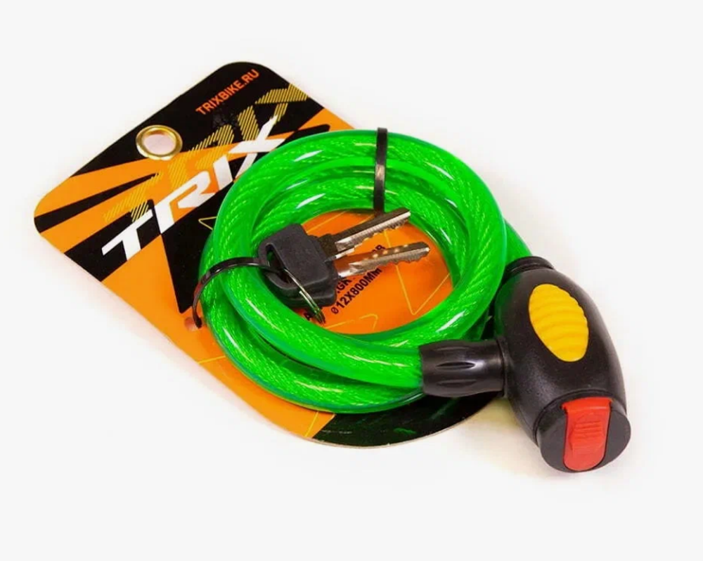 Замок велосипедный TRIX, трос стальной, с ключами, 12х800мм, в пластиковой оболочке, зеленый