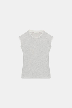 ZARA ФУТБОЛКА С ЭФФЕКТОМ ДВОЙНОГО РУКАВА, СЕРЫЙ МЕЛАНЖ