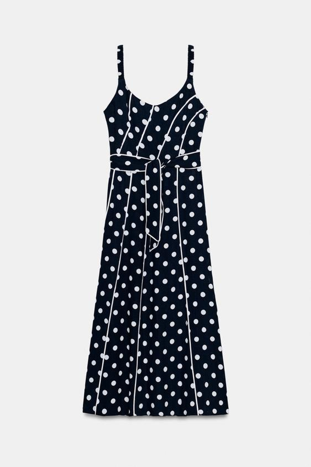 ZARA ПЛАТЬЕ МИДИ В ГОРОШЕК С ПОЯСОМ, ТЕМНО-СИНИЙ/БЕЛЫЙ