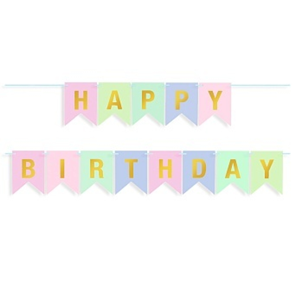 Гирлянда Флажки, Happy Birthday, Пастельный микс, Металлик, 500 см, 16*12 см.