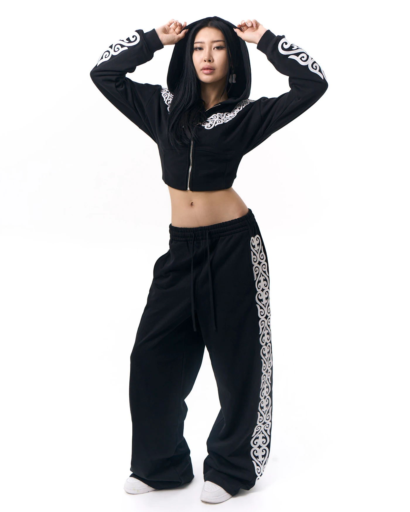 2-Piece Set: Jet Black Double Set with Decorative Embroidery
