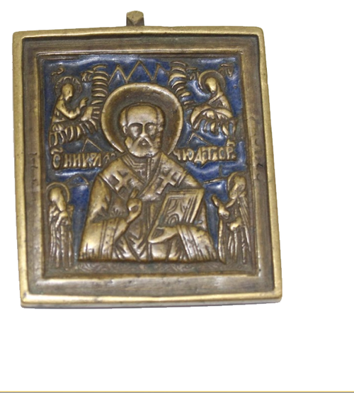 Икона Николай Чудотворец  синяя эмаль