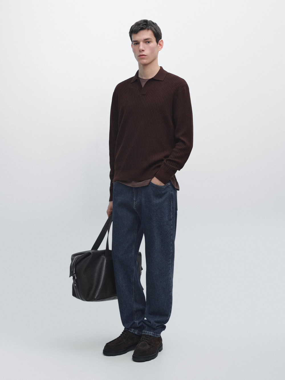 Massimo Dutti Трикотажный свитер из смесового хлопка с воротником-поло, бордо