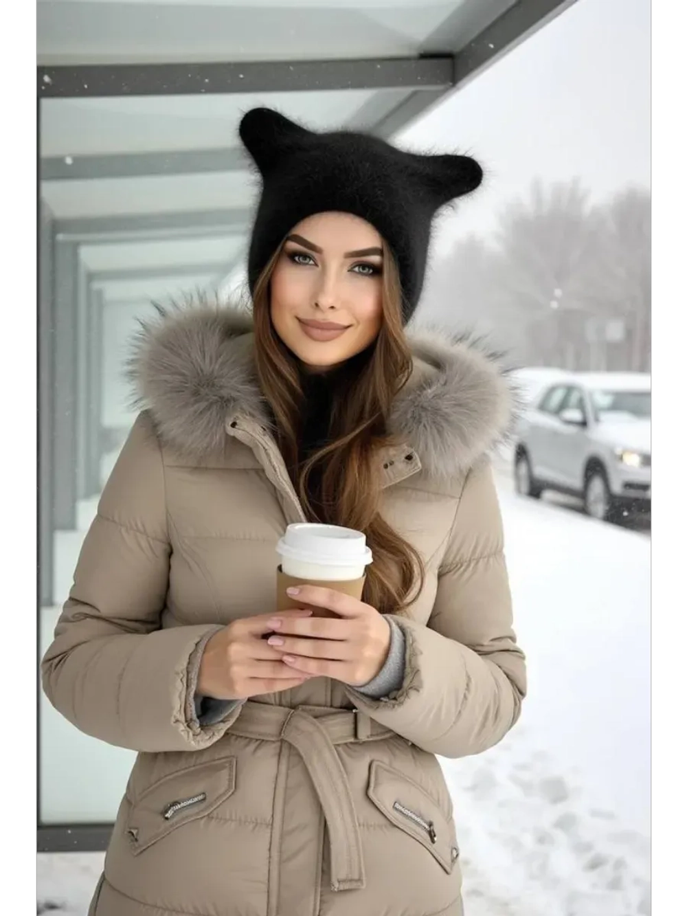 Шапка с ушками зимняя ангора вязаная