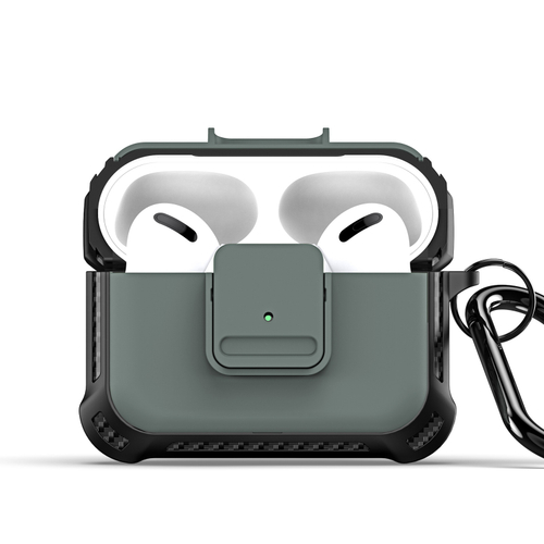 Усиленный чехол с вставками зеленого цвета от Dux Ducis для наушников Airpods Pro 2, серия PECG Series Case, в комплекте с карабином