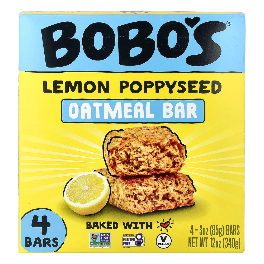 Bobo's Oat Bars, овсяный батончик, лимон и мак, 4 батончика по 85 г (3 унции)