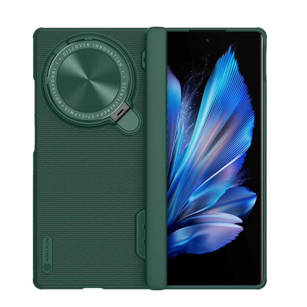 Чехол зеленого цвета (Dark Green) от Nillkin с откидной защитной крышкой для камеры на Vivo X Fold 3, серия Super Frosted Shield Prop