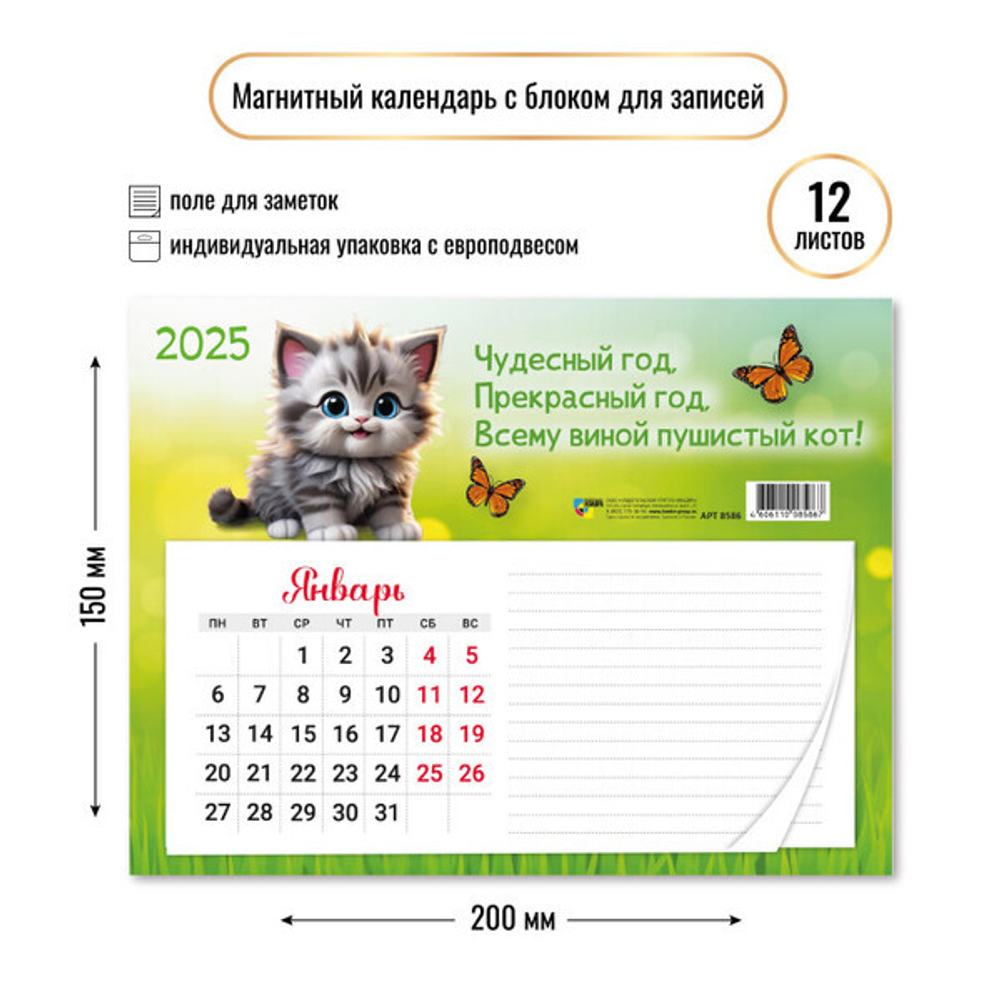 Календарь с блоком для записей 2025"Кот» 20*15 см