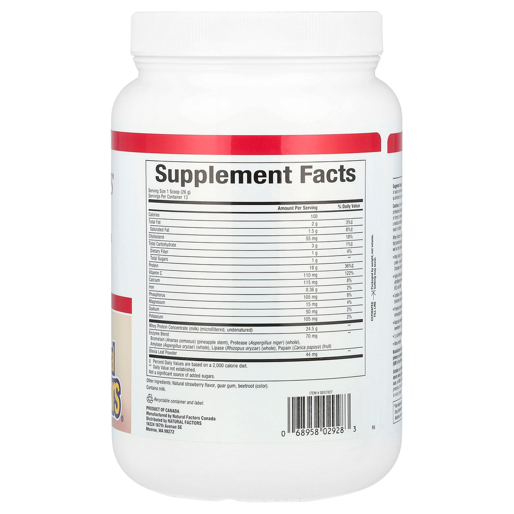 Natural Factors, Whey Factors, сывороточный протеин травяного откорма, натуральная клубника, 340 г (12 унций)