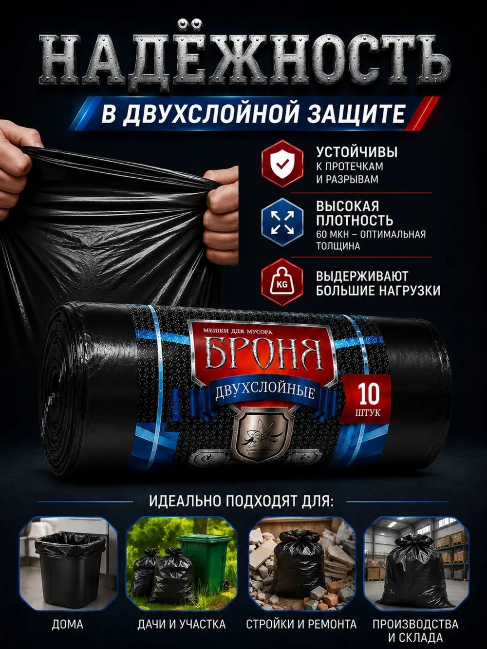 Мешки для мусора БРОНЯ 180л, 2-х слойные ( 2 упаковки)