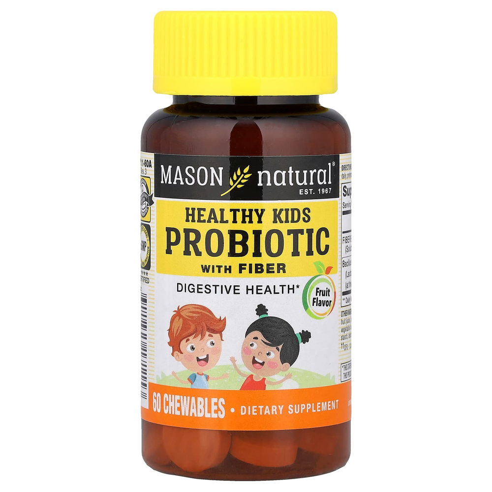 Mason Natural, пробиотик с клетчаткой для здоровья детей, 60 жевательных таблеток