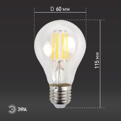 Лампа светодиодная ЭРА F-LED A60-15W-840-E27 15Вт филамент груша нейтральный белый свет E27 | Филаментные декоративные