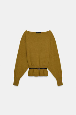 ZARA ВЯЗАНЫЙ СВИТЕР С ПОЯСОМ, ЦВЕТ ОЛИВКОВОГО МАСЛА