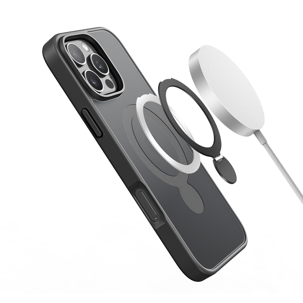Прозрачный матовый чехол с черными рамками и с поддержкой MagSafe от Dux Ducis для iPhone 16 Pro, серия Yind Series Case (версия с магнитной откидной подставкой)