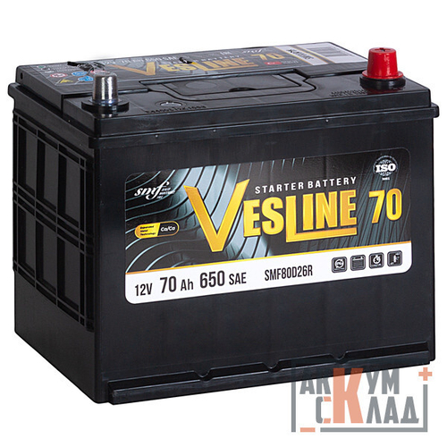 Купить Аккумулятор 6СТ-70 VL(0), о.п., R+, VESLINE ASIA SMF80D26R борт