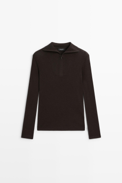 Massimo Dutti Футболка из смесового хлопка с воротником на молнии, кротово-коричневый