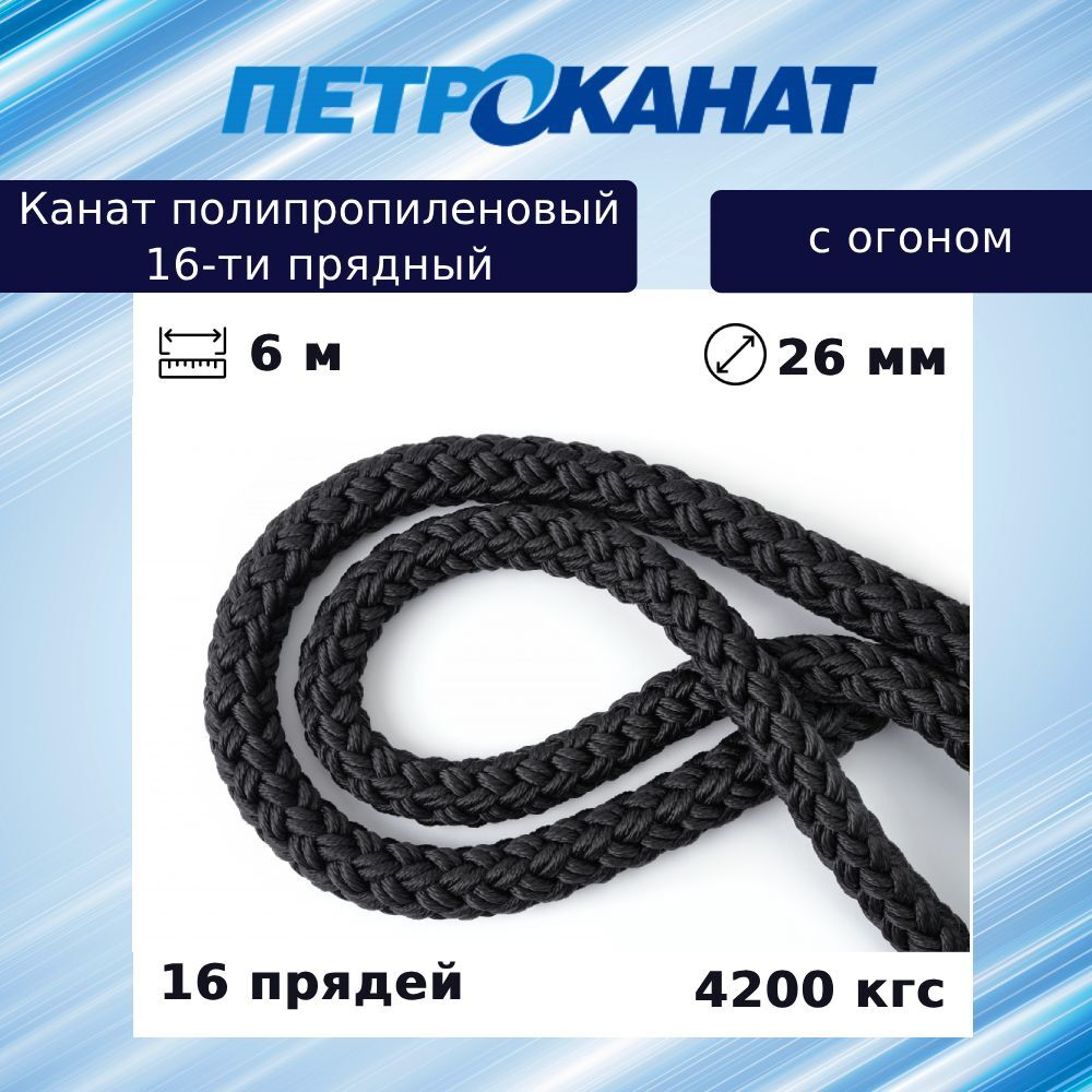 Швартовый трос (канат) Петроканат полипропиленовый 16-ти прядный 18,0 мм, 2900 кгс, 6 м, с огоном 80 см
